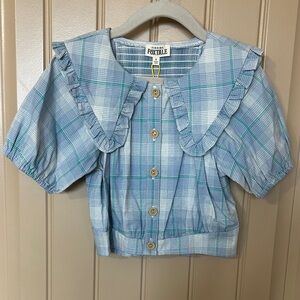 Finding Foxtale Blue Girls Kids Picnic Plaid Shirt with Ruffle Details size 6